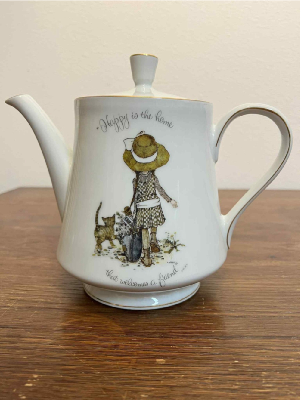 Vintage Holly Hobbie Teapot Happy Is the Home Gold Trim Porcelain w/Lid Server